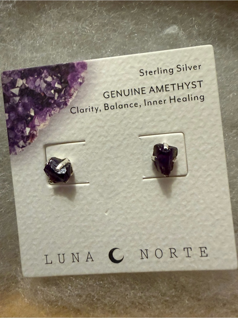 Sterling Silver Genuine Raw Amethyst Stud Earrings - Purple